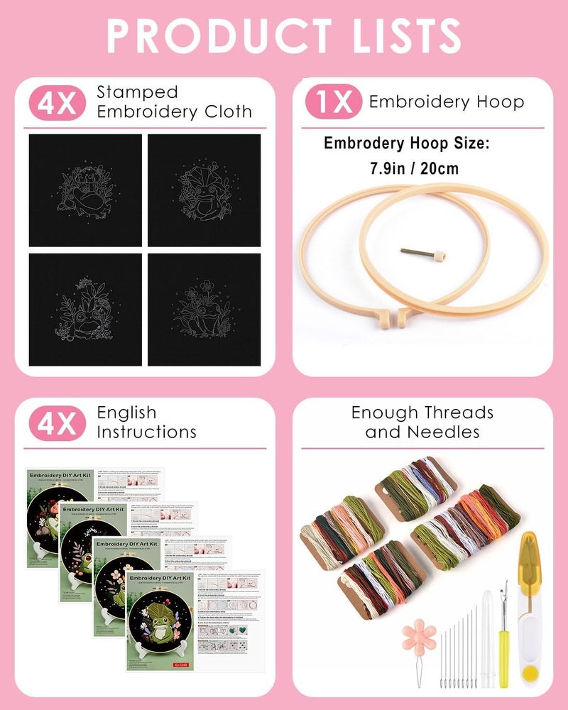 TINDTOP 4 Pack Embroidery Kit for Adult, Embroidery DIY Starter Kit, with Stamped Patterns, Hoop, Tools, Colorful Threads with Needles, Instructions - Image 2